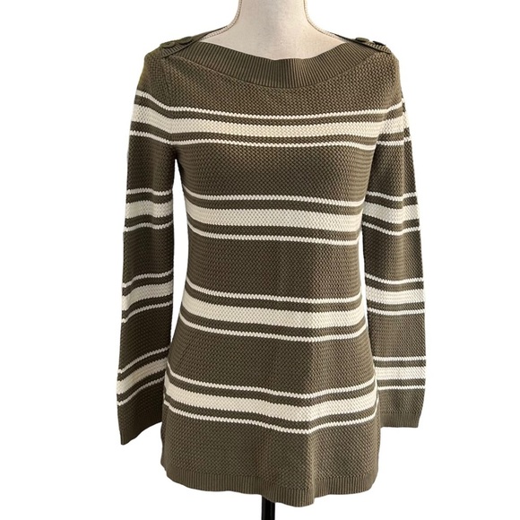 Talbots BASKET WEAVE SWEATER STRIPE Women’s SZ Medium Olive & White Knit Fall - Picture 1 of 9